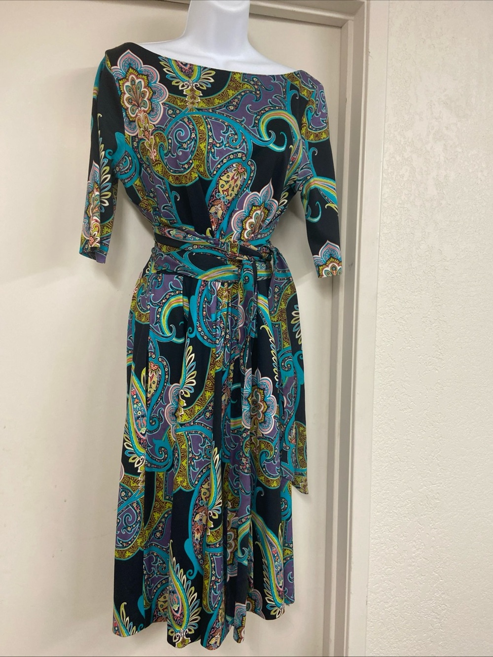ETRO Milano Paisley-Print Black Midi Dress with Teal and Purple Accents